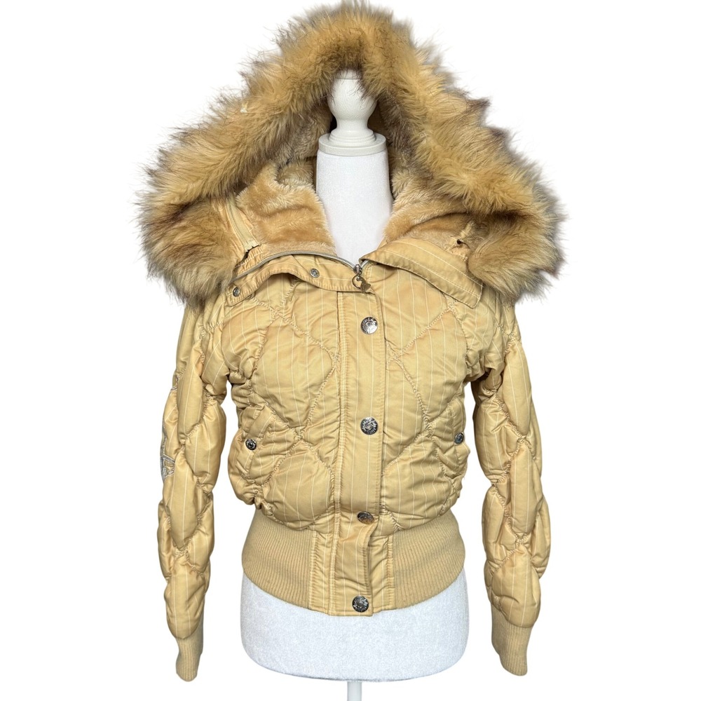 VTG Y2K Baby Phat Tan Puffer Jacket Faux Fur Lined Hood Quilted Bomber Y Large
